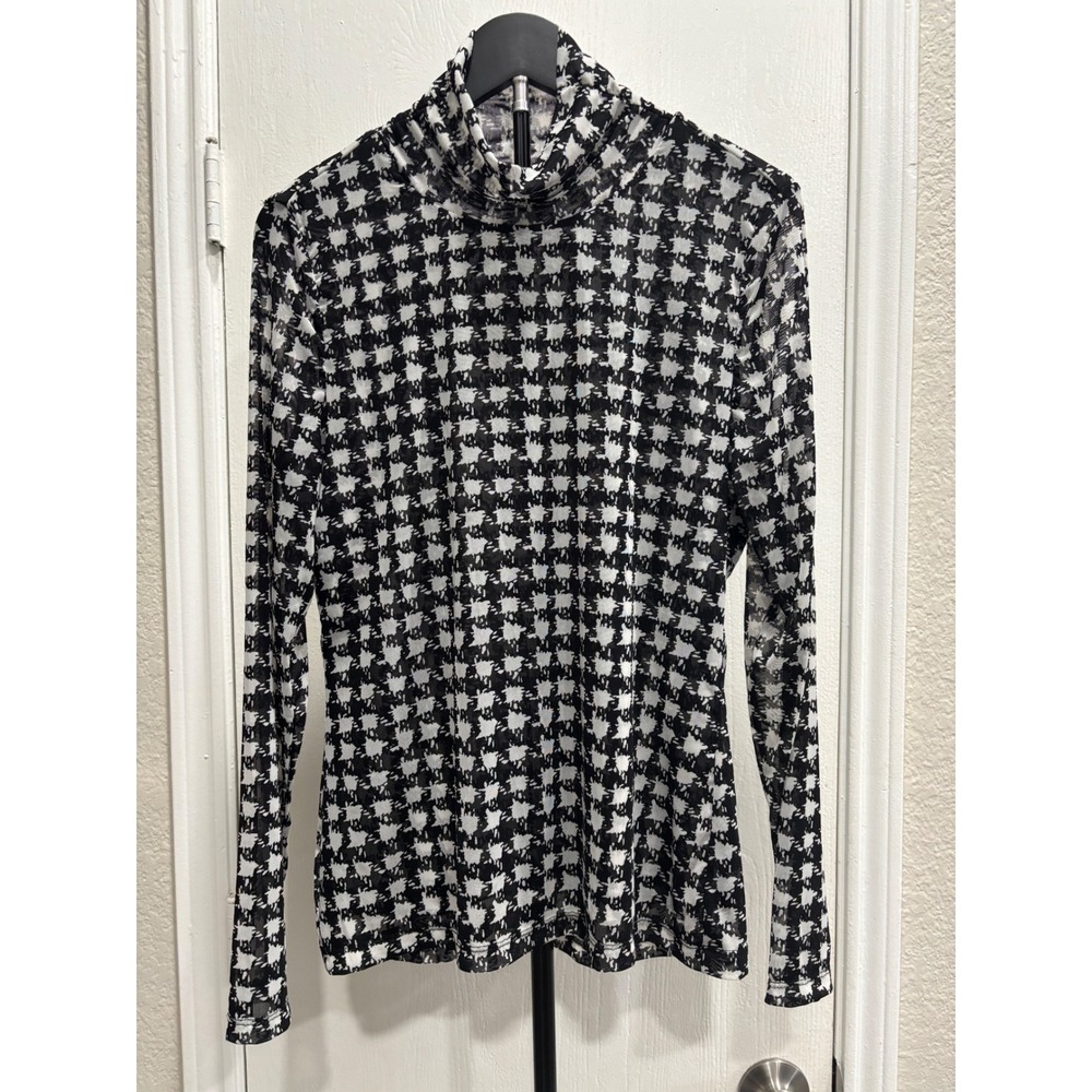 Philosophy Republic Clothing Womens Large Mock Neck Houndstooth Mesh Top Black L